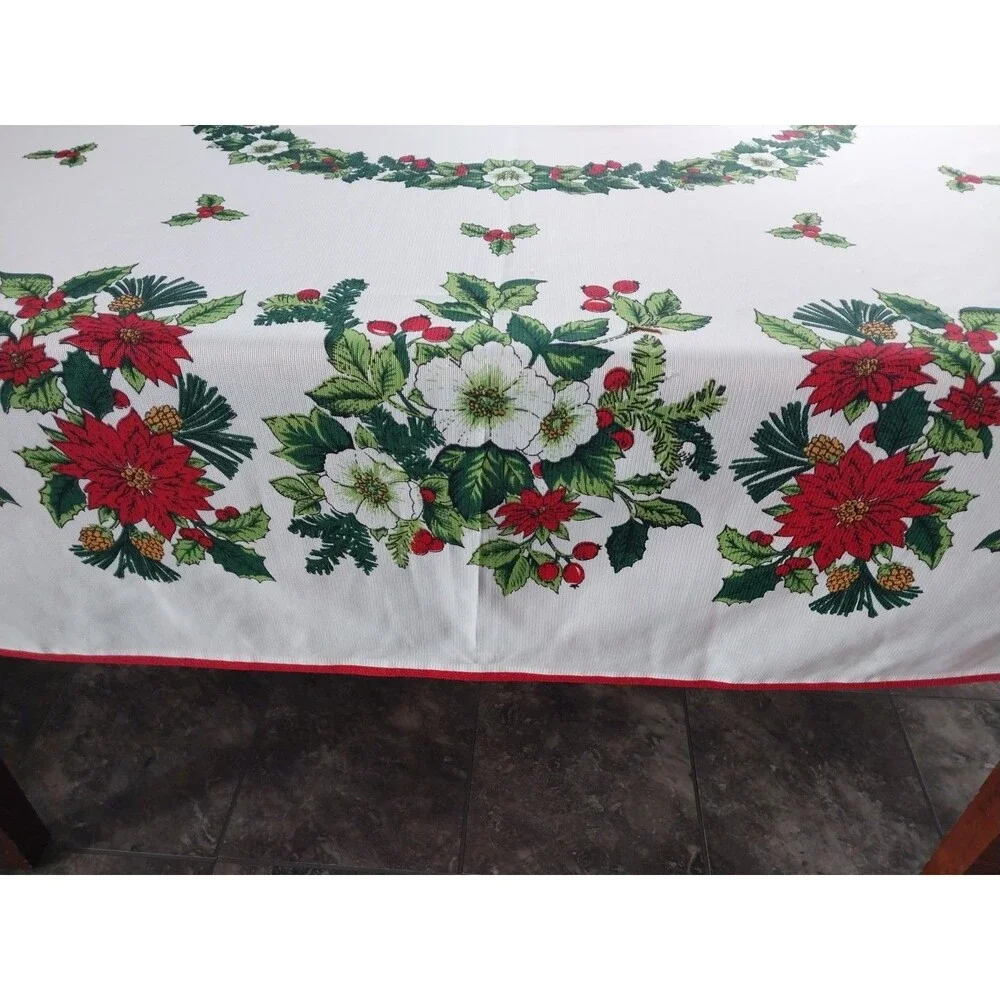 Vintage 52 x 74 Polyester Christmas Print Tablecloth Poinsettia/Holly Beautiful